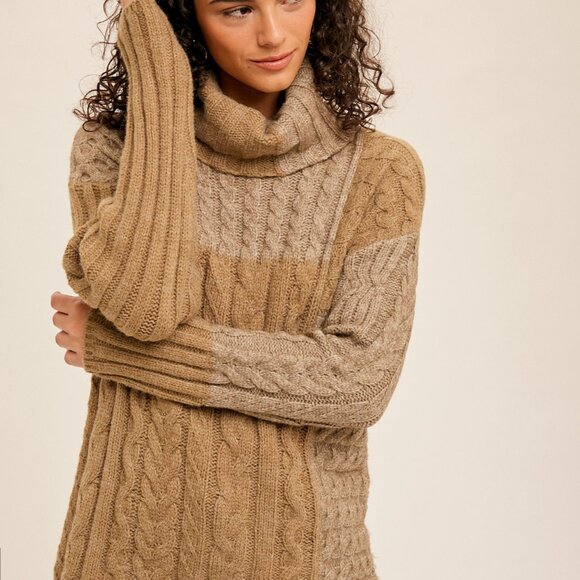 HEM & THREAD Chunky Cable Knit Turtleneck Sweater, Two-Tone Neutral Brown Beige - Picture 8 of 8